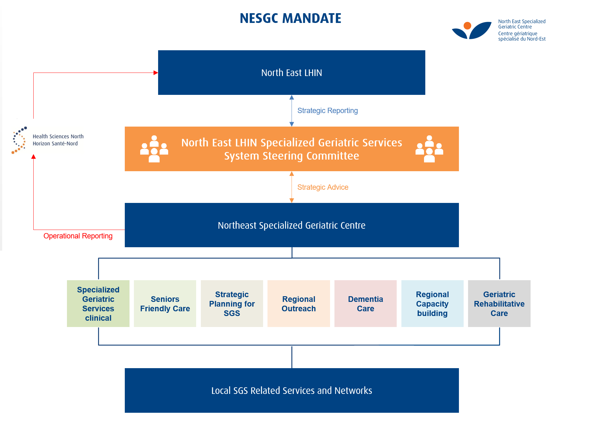 A flowchart of the mandate of the North East Specialized Geriatric Centre as described in the paragraph below.